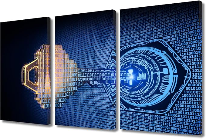 Bedroom Wall Decor 3 Panel Cybersecurity Concept Artwork Print on Canvas for Living Room Bedrooms Wall Decorations, Wooden Framed Gallery-Wrapped Ready to Hang, 36" Wx24 H