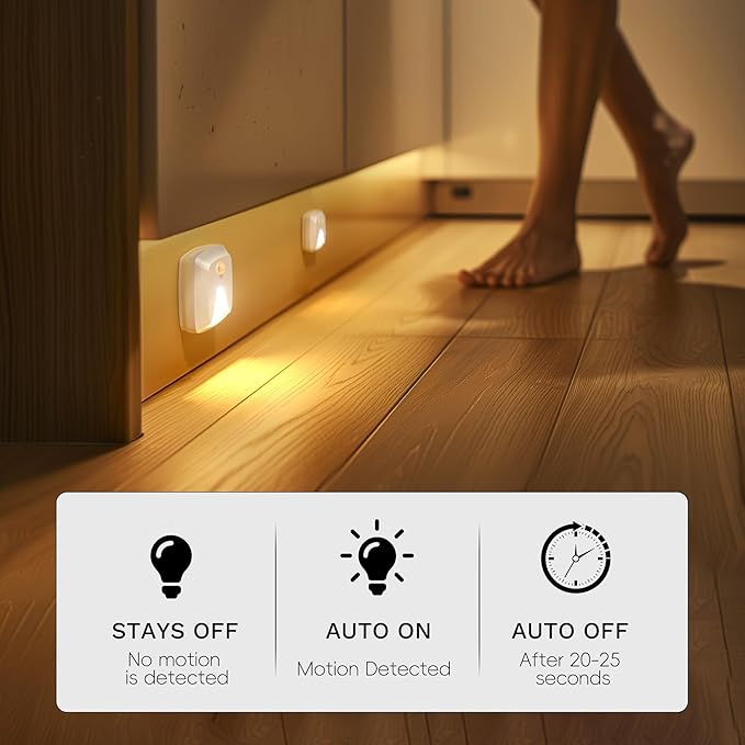 6-Pack Stick-on Motion Sensor Lights, Warm White LED Night Light, Stick-Anywhere Stair Lights, Closet Light, Battery Operated Wall Light for Kitchen, Hallway, Bedroom, Bathroom, Stairs