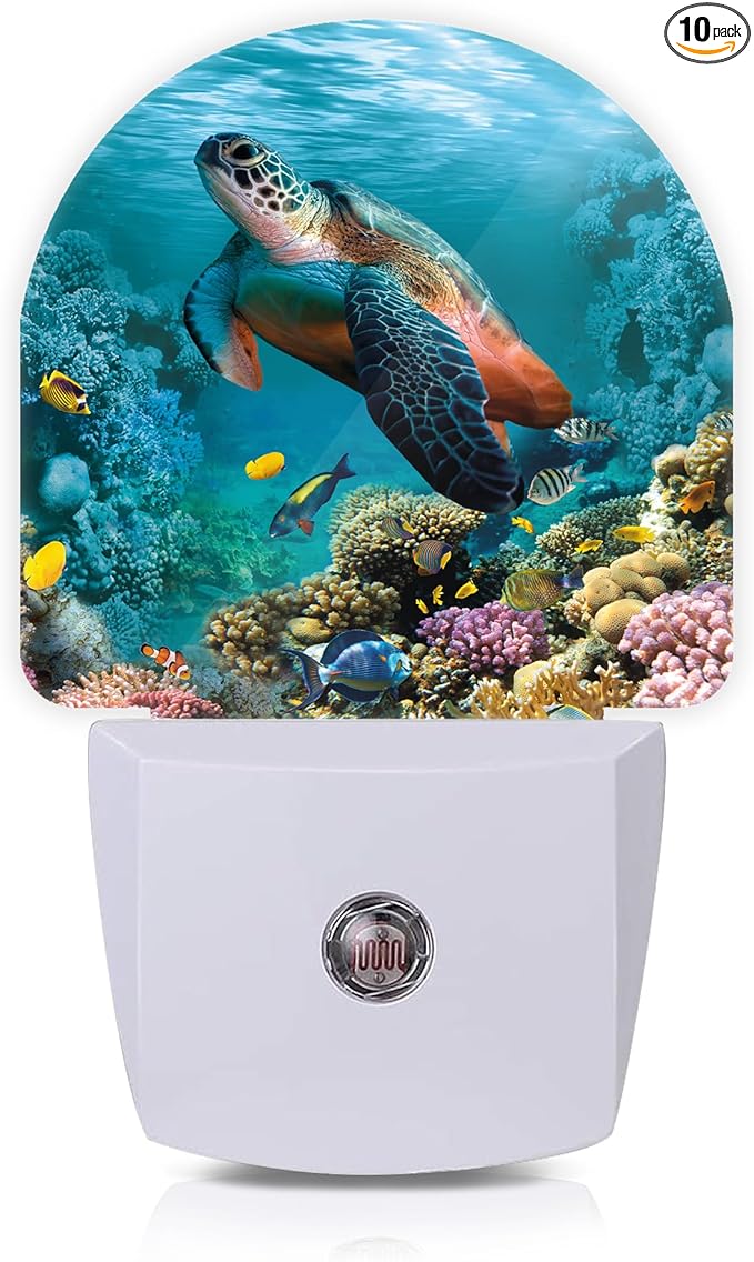 Underwater World Turtle Coral Night Lights Plug into Wall for Girls Boys Room,Night Light LED Lamp Dusk to Dawn Sensor Round Lamp for Bedroom Bathroom Hallway Home Wall Decor