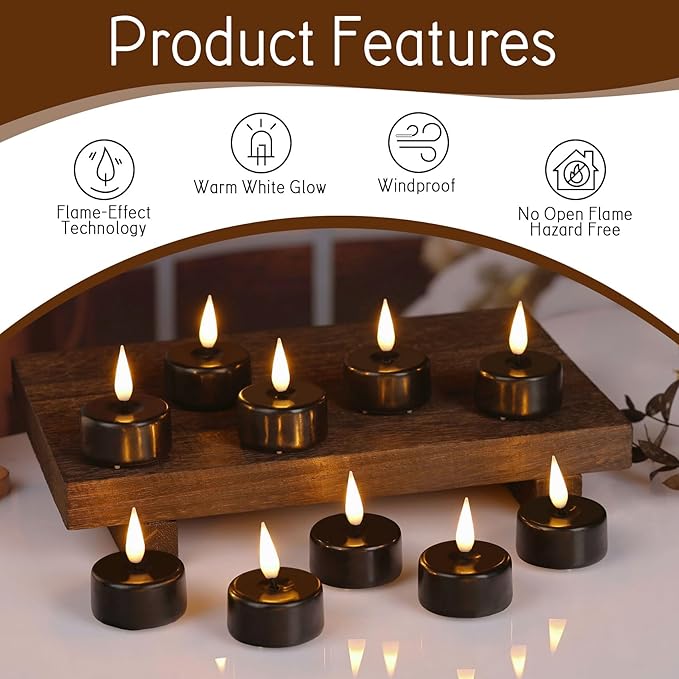 Eywamage Black Flameless Tealights with Remote Batteries, Real Wax Flickering LED Tea Votive Candles Set of 10