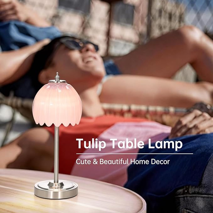 Rechargeable Table Lamp with 5200mAh Battery & Touch Control - 3 Adjustable Color Temperatures, Cordless Dimmable Table Light for Bedroom, Office Desk, Nightstand (Creamy Pink,Silver Base)