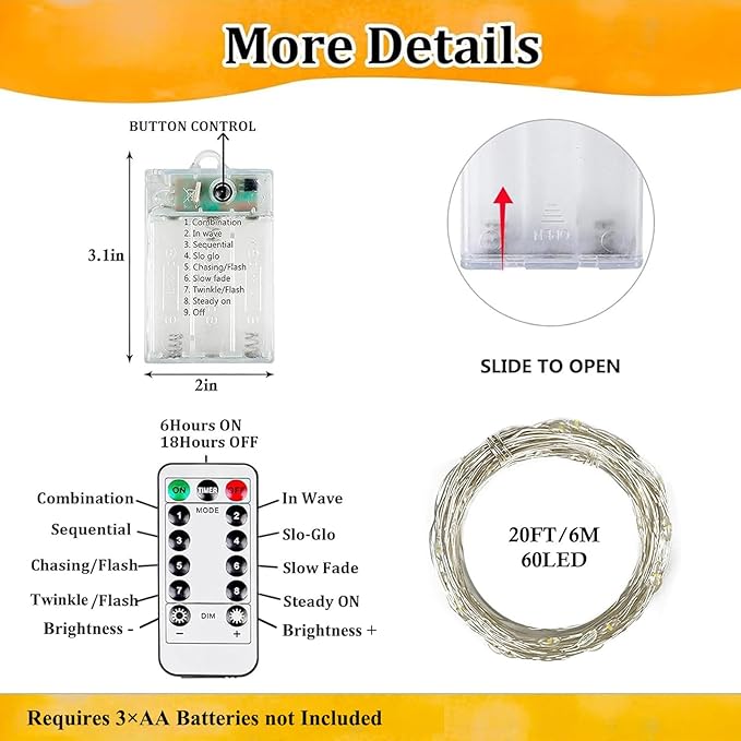 1Pack Warm White Fairy Lights Battery Operated with Remote, Waterproof 20FT 60LED Cuttable Twinkle Lights with Timer Indoor Outdoor, String Light for Bedroom, Classroom, Wedding, DIY, Christmas Décor