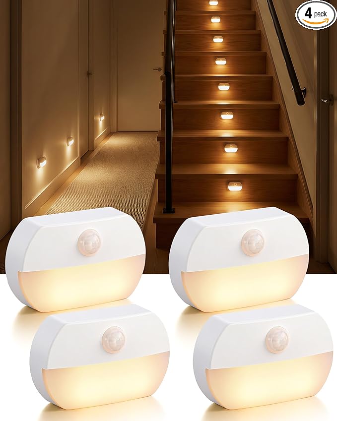 4 Pack Battery Motion Sensor Stair Lights, Indoor Closet Light, Wireless Stick On Hallway Night Light, Battery Operated LED Lights for Stairway Closet Bedroom Cabinet Toilet Bathroom
