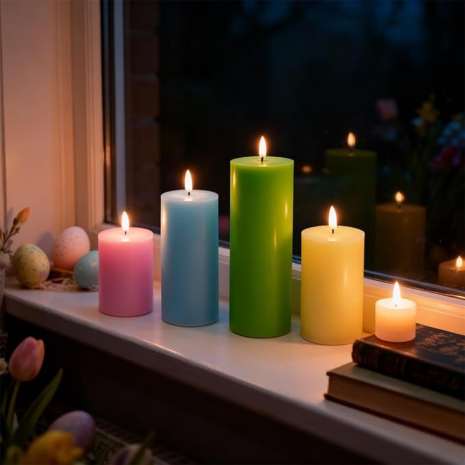 Flameless Easter Candles, 4 Pack Pastel Battery Operated Candles with Remote, Real Wax Electronic LED Fake Candles Easter Table Centerpiece Party