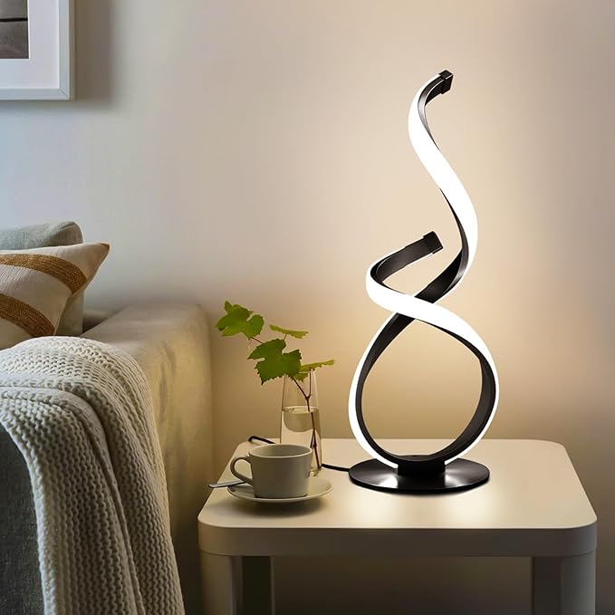 Modern Touch Lamp for Nightstand, Spiral LED Table Lamp, Dimmable 3 Color Temperature Night Stand Desk Lamp, Unique Bedside Light for Living Room, Bedroom, Cool Lamps for Ideal Gift, Black
