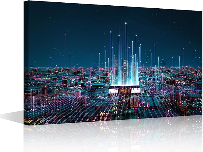 TUMOVO Canvas Wall Art for Living Room Internet Concept Modern Home Decor CPU Concept HD Printed Posters Virtual Space Artwork for Bedroom Office Wall Art Painting Pictures Ready to Hang, 24x16in