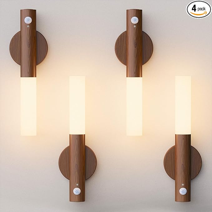 Rechargeable Motion Sensor Night Lights - 2200mAh Battery Operated Wall Sconces, Wireless Wall Lights Sconce, Magnetic Portable Hallway Light for Picture Stair Cabinet, 3000K 4 Pack