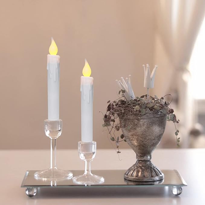 CVHOMEDECO. Flickering Taper Candles LED Drip Flameless Candles, Battery Operated with Timer, White, 6-3/4 Inch, Set of 4