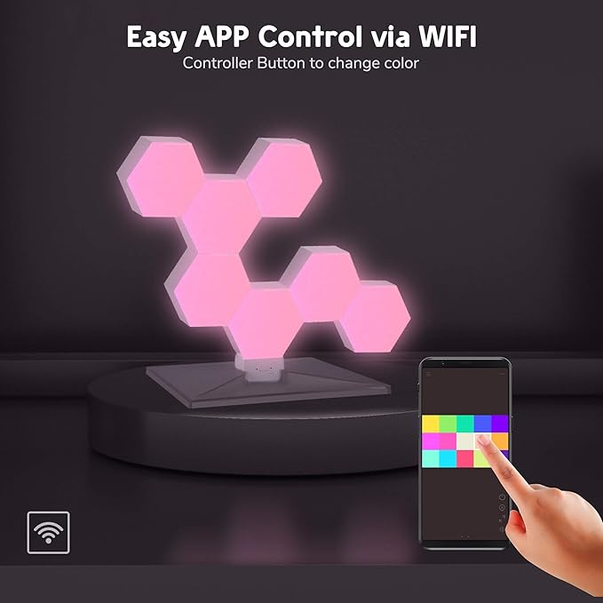 Yescom APP Control 7 Pack Smart LED Light Panels Hexagon Smarter Plus Kit Works Alexa, Google Assistant Hexagonal Modular Voice Music Control Dynamic Lamp for Gaming Setup Bar Bedroom Party Decor