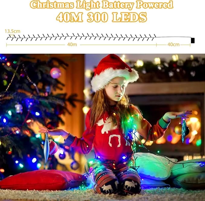 Battery Operated Christmas Lights-132FT 300 LED 8 Modes Outdoor/Indoor Waterproof Fairy Lights, Decorative Light Strings for Wedding Party Bedroom Roof Garden Halloween Thanksgiving Holiday,Multicolor