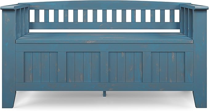 SIMPLIHOME Acadian Solid Wood 48 inch Wide Storage Bench that Seats 2 and 36 inch Wide Storage Cabinet in Distressed Coastal Blue for the Living Room, Entryway, and Family Room, Transitional Style