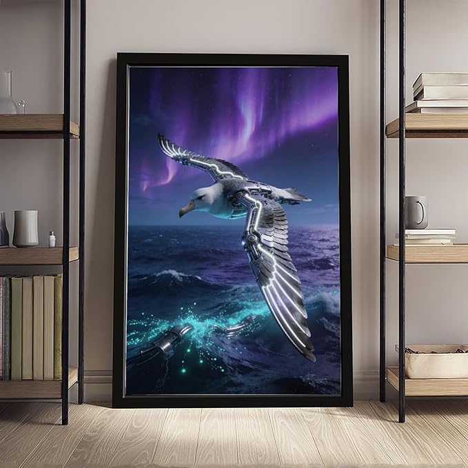 Framed Steampunk Mechanical Seagull Wall Art - Aurora Ocean Retro Poster for Bedroom Game Room Decor 16x24in