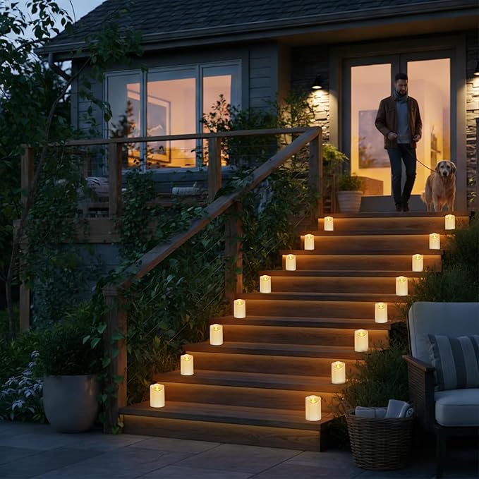 Outdoor Flameless Candles, Patented 3D Dual-LED, Set of 9 Slanted Resin Pillars with 2 Remotes, Pure White Waterproof Non-Melting Battery Operated Large Set for Modern Fireplace, White