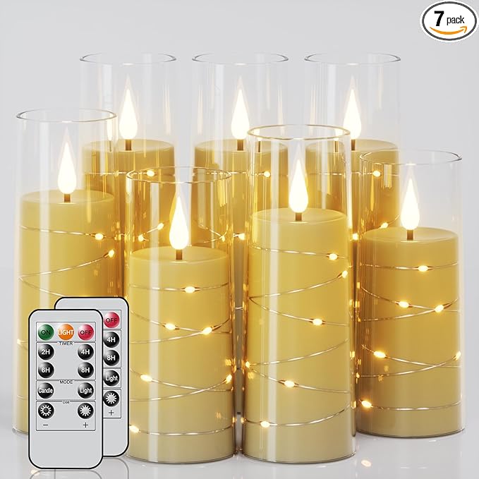 Flickering Flameless Candles with 2 Remote, 7 Pack LED Battery Operated Candles with Timer and String Lights, Clear Battery Candles for Halloween Christmas Home Fall Decorations