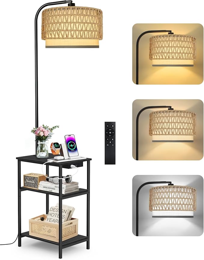 Floor Lamp with Table & Rattan Shade, Side End Table with Charging Station, Dimmable Nightstand with 3 Color Temperatures, 1-Hour Timer, 12W LED Bulb, for Living Room, Bedroom(Black)