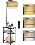 Floor Lamp with Table & Rattan Shade, Side End Table with Charging Station, Dimmable Nightstand with 3 Color Temperatures, 1-Hour Timer, 12W LED Bulb, for Living Room, Bedroom(Black)