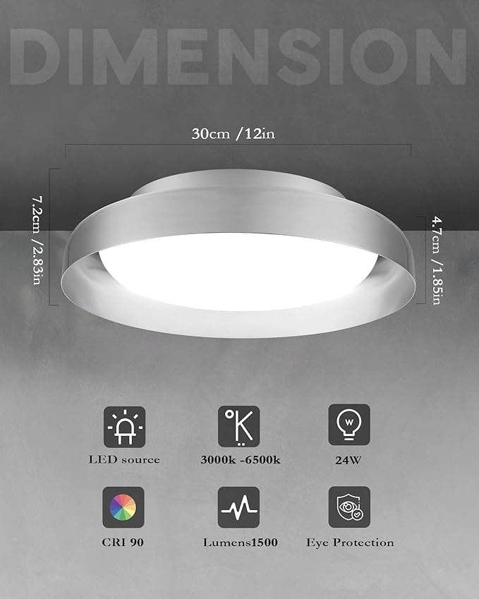 Ken & Ricky Flush Mount Ceiling Light Fixture, Led Dimmable 24w for Bedroom Kitchen Bathroom Laundry Hallway Entryway,Remote Control (Brushed Nickel,12Inch,2PK)