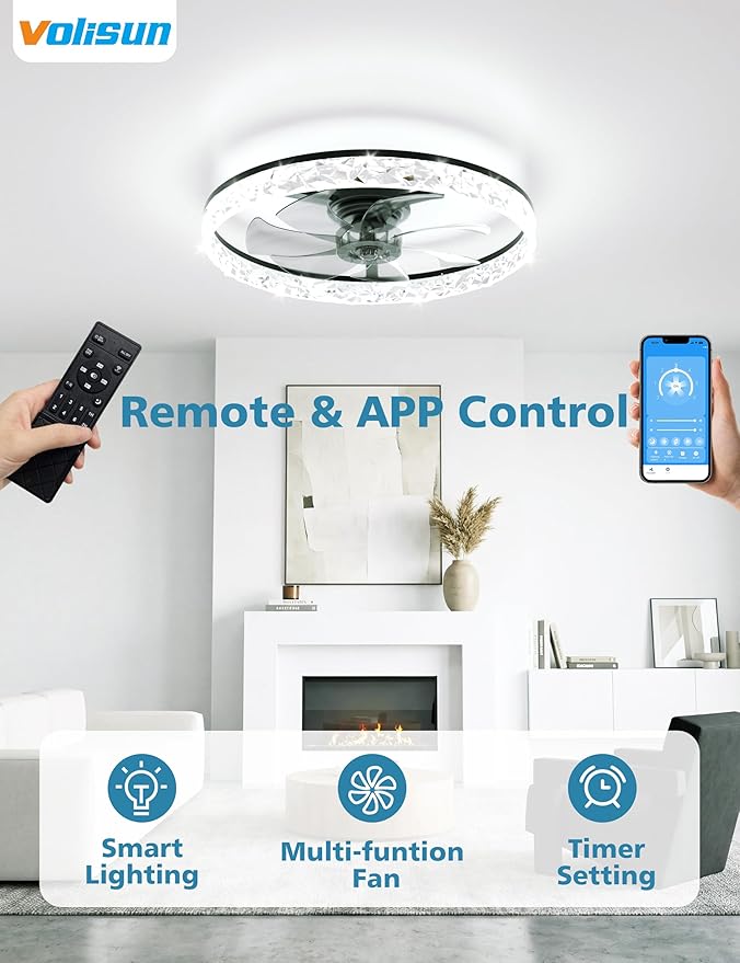 VOLISUN Low Profile Ceiling Fan with Lights and Remote, 24in Modern Ceiling Fans Flush Mount, 3000K-6500K Dimmable Bladeless LED Fan Light, Black Fandelier Ceiling Fans with Lights for Bedroom