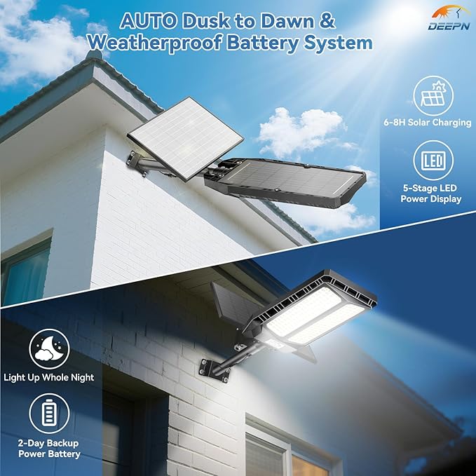 Deepn Solar Lights Outdoor, 8000W Solar Street Lights Outdoor Waterproof Dusk to Dawn LED Security Flood Light with Motion Sensor and Remote Control for Pathway, Entryway & Yard, 2 Pack