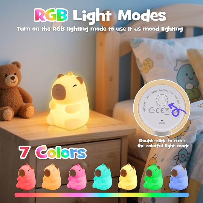 Squishy Christmas Capybara Night Light with RGB Modes Dimmable Nursery Breastfeeding Nightlight Hangable Cute Novelty Animal Lamp Rechargeable Silicone Touch Bedside Lamp for Bedroom Dorm Decor