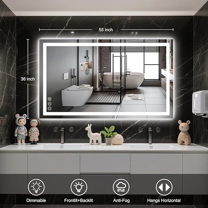 55x36 LED Bathroom Mirror with Lights, Anti Fog Vanity Mirror Wall Mounted, Dimmable Front Light and Backlight, Memory Function Tempered Glass, Shatter Proof ETL Listed