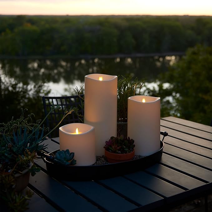 Luminara Outdoor Flameless LED Ivory Candle Melted Edge 3.75" x 7" Real Moving Flame Battery Operated Timer Plastic Weather-Resistant