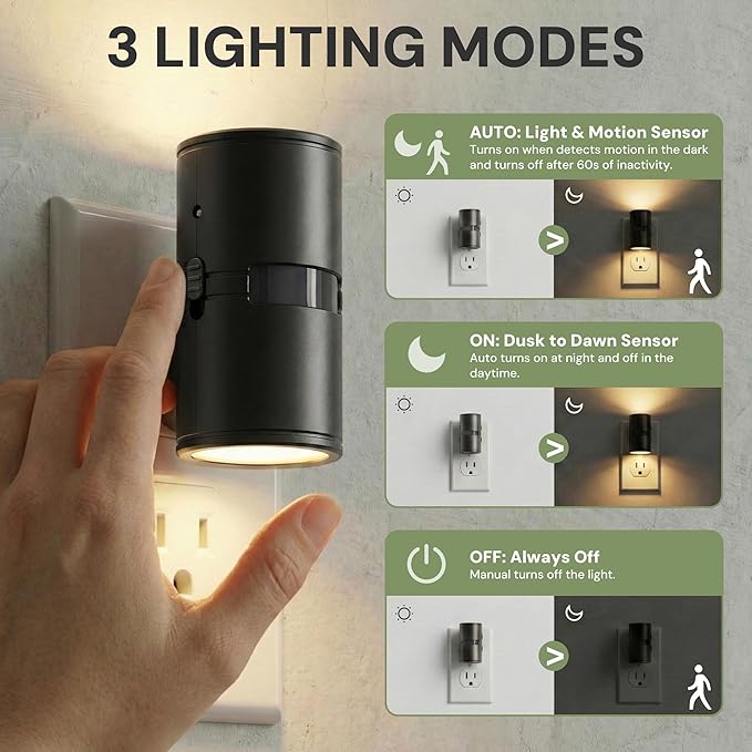 L LOHAS LED Motion Sensor Night Light, Mini Motion Activated Night Lights Plug into Wall, Rotating Motion Sensor Light Indoor, Amber-3000K-5000K, 10%-50%-100% Lumen, Hallway Bedroom Stairway, 2 Pack
