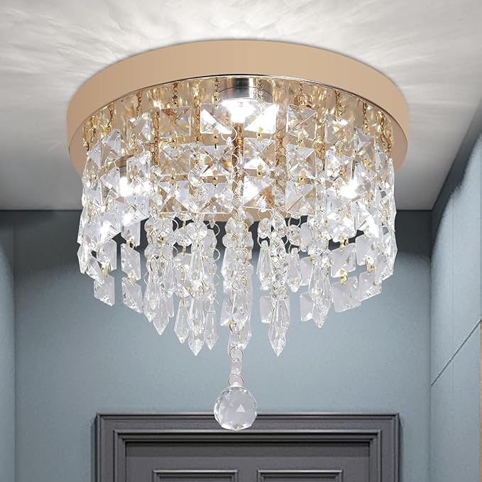 Deckrico Gold Crystal Chandelier Flush Mount Ceiling Light – Modern LED Lighting Fixture for Bedroom, Closet, Bathroom, Hallway – White Light