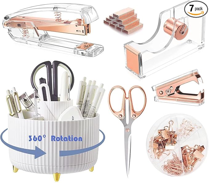 Rose Gold Desk Organizers and Accessories Set with 360-Degree Rotating Pen Holder, Acrylic Stapler, Tape Holder, Staple Remover, Binder/Paper Clips Kit, Scissor and 1 Box of Staples