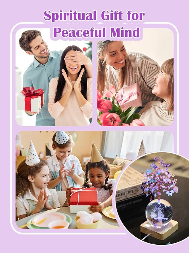 Crystal Tree of Life, 7 Chakra Healing Tree with Multicolor Night Light Crystal Ball for Meditation Relaxation, Spiritual Gift for Women, Mother (3D Mom & Kid Figurines)