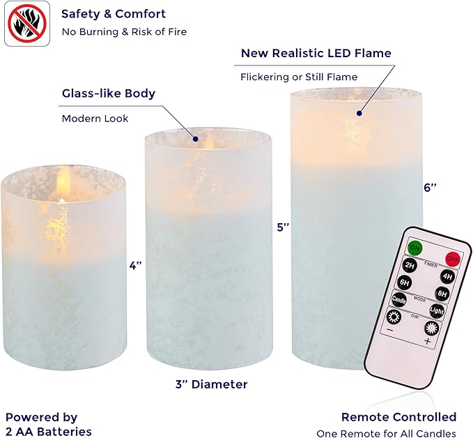 VENTA Frosted Glass LED Candles, Set of 3 | Warm Amber Flickering Pillar Candles with Remote | Creates Cozy, Relaxing Hygge Ambiance for Bedroom & Living Room