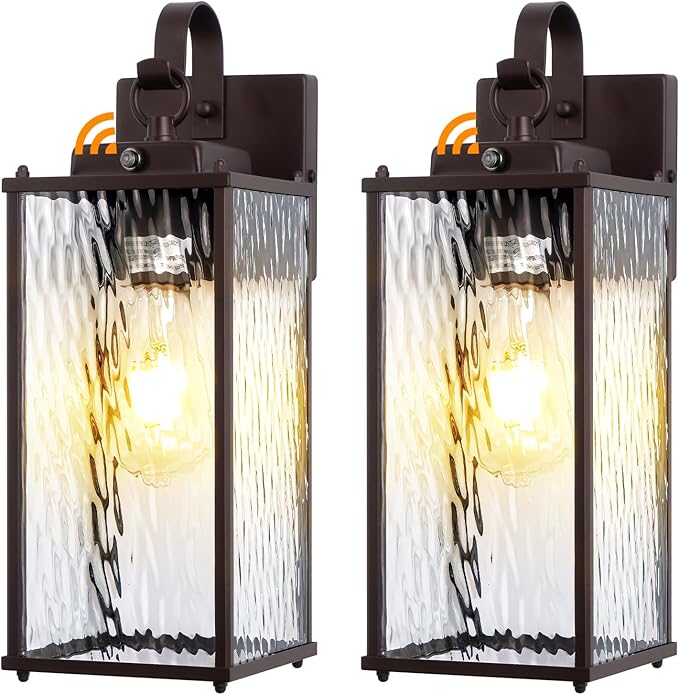 Dusk to Dawn Outdoor Light Fixtures Oil Rubbed Bronze 2-Pack, Water Ripple Glass Vintage Brown Exterior Lantern Lights with Photocell Sensor IP65 Waterproof Coach Carriage Lights, E26