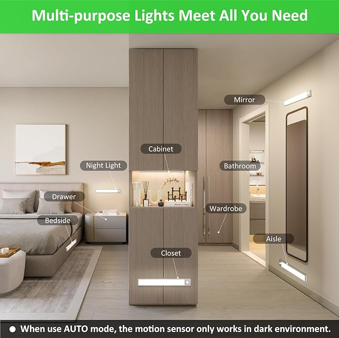 51-LED Motion Sensor Under Cabinet Lighting, 12-inch Magnetic Rechargeable Under Counter Closet Lights, Wireless Light Bar, 3-Pack, Neutral White
