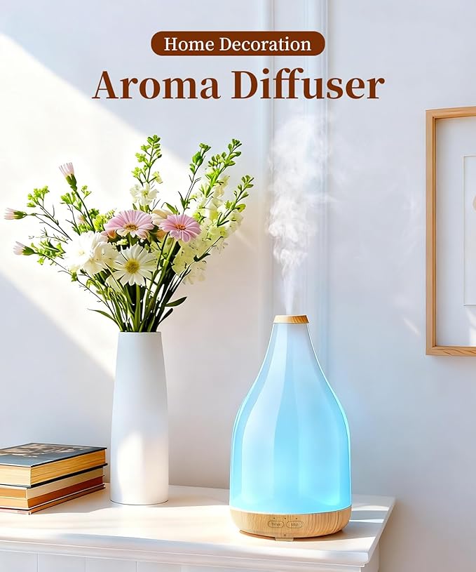 Essential Oil Diffuser for Home, 300ML Modern Décor Aromatherapy Diffusers Large Room Fresh Air Scent, Ultrasonic Cool Mist Humidifier & Color Light, 1-3-6H Timer Auto Shut-Off, Brown
