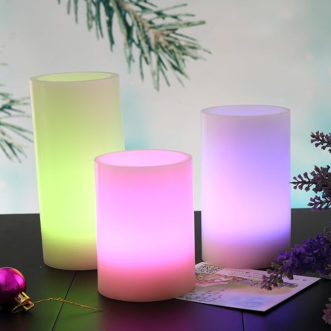 CANDLE CHOICE Battery Operated Color Changing Flameless Candles with Remote Timer Real Wax Realistic Flickering Electric Multicolor LED Pillars Lights for Home Wedding Christmas Decorations 3 Pack
