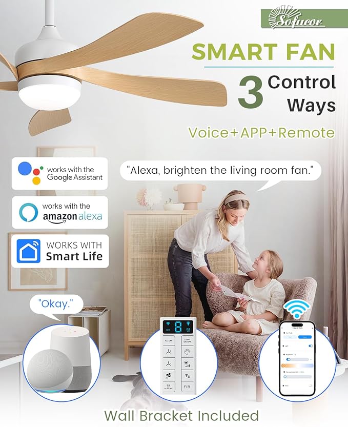 Sofucor 45" Smart Ceiling Fan, Outdoor Modern Ceiling Fans with Lights and Remote, Compatible with Alexa/Google/App, 3-Color Light 6-Speed Timing Reversible DC Motor for Living Room Bedroom Patio