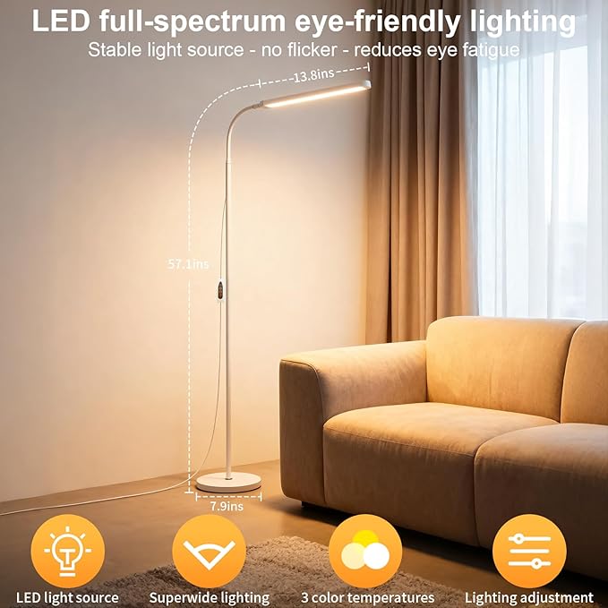 White 12W LED Bright Reading Floor Lamp for Living Room Bedroom Bedside Office Library, Eye-protection flicker-free adjustable from 3000-6000K ,Eyelash Tattoo Makeup Tall Standing Dimming Light