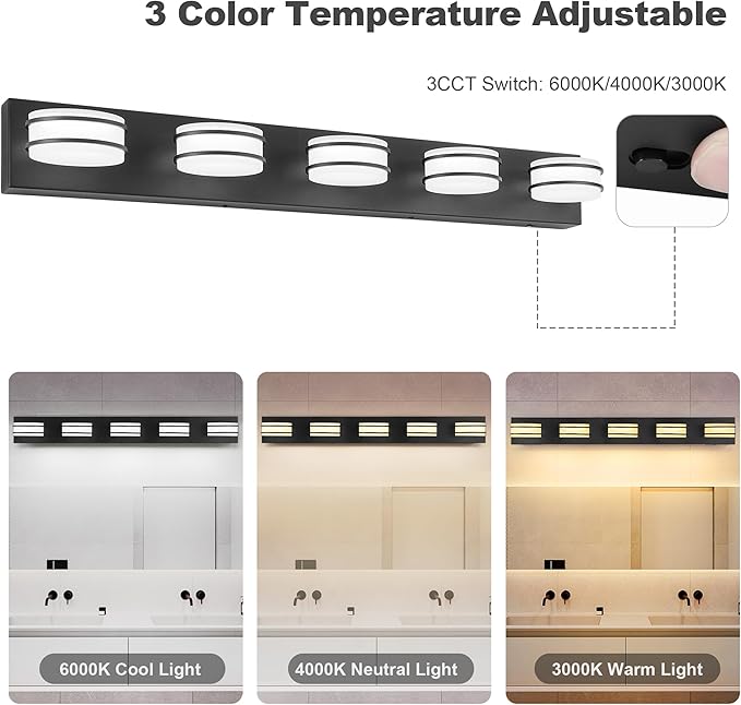 3 Color Temperature Dimmable Bathroom Light Fixtures Over Mirror, LED Black 5 Light Vanity Lighting Fixtures, Acrylic Stainless Steel Oval Shade Vanity Lights for Bathroom, ETL Certificated