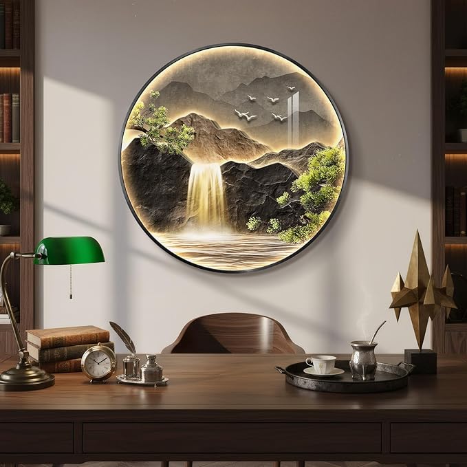 Troartos LED Mountain Waterfall Wall Art for Living Room, Framed Modern Lighted Landscape Artwork for Walls, Remote Control Lamp Green Nature Wall Decor for Bedroom, Hallway, Office, 30x30 Inch