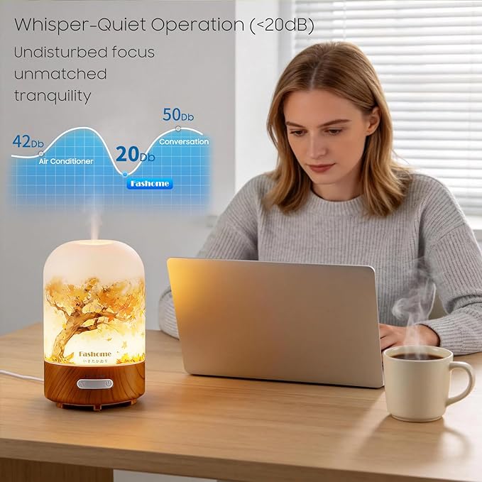 Hand Blown Glass Essential Oil Diffuser, 100ml Small Ultrasonic Aromatherapy Mist Maker for Home, Bedroom, Office, Auto Shut-Off, Cool Mist Humidifier with Warm White Light