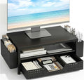 Desk Organizer and Accessories, 2-Tier Computer Monitor Stand Rise with Storage Drawer & 2 Pen Holders, Laptop & Printer Stand for Desktop, Workspace Organizers for Office Supplies (Black Wood)