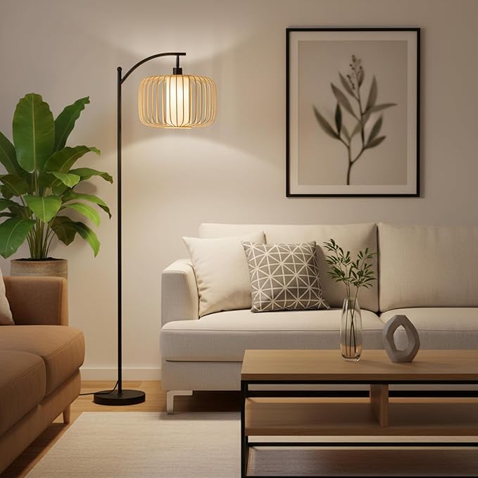 Floor Lamp for Living Room, Dimmable Standing Lamp Tall with Linen Shade Modern Floor Lamps Pull Chain Switch Reading Lamp for Living Room Bedroom Office Dining Room, 9W Bulb Included (Brown)