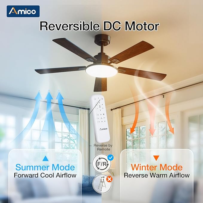Amico Ceiling Fans with Lights, 52 inch Smart Ceiling Fan with Remote/APP/Alexa Control, Downrod Mount, Reversible DC Motor, 5 Blades, 6 Speeds, 3CCT, Dimmable, Noiseless, Bedroom, Living Room, Black