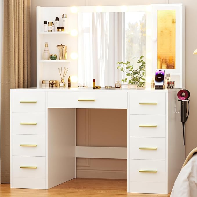 Vanity Desk with Mirror and Lights, Large 43" White Makeup Vanity Desk with 9 Drawers and Power Outlet, 3 Open Shelves and 1 RGB Lighting Cabinet, White and Gold