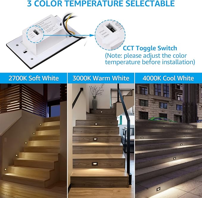 LEONLITE 3CCT LED Step Lights 120V-277V, 150LM 2.5W Dimmable Horizontal Stair Lights Indoor Outdoor IP65, CRI90 & ETL, 2700K3000K4000K Selectable Zinc Alloy Staircase Lights, Oil Rubbed Bronze, 6 Pack