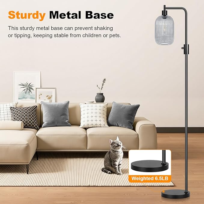 【Upgraded】 Dimmable Glass Floor Lamp for Living Room, Modern Black Standing Lamp with Green Ribbed Gray Lampshade & Knob Dimmer, Arc Tall Lamp for Bedroom Office Reading Room, 2700K Led Bulb Included