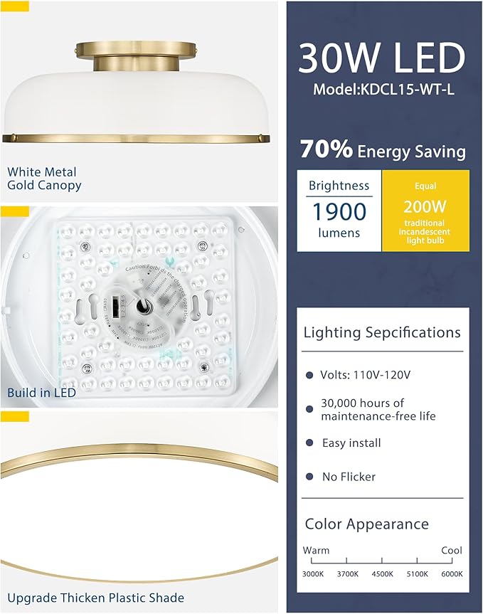 kudos Ceiling Light, 16-inch LED Flush Mount Ceiling Light, White and Gold Finish, 30W/1900lm Light Fixtures Ceiling Mount for Bedroom,Hallway, 3000K/3700K/4500K/5100K/6000K Adjustbale, KDCL15-WT-L