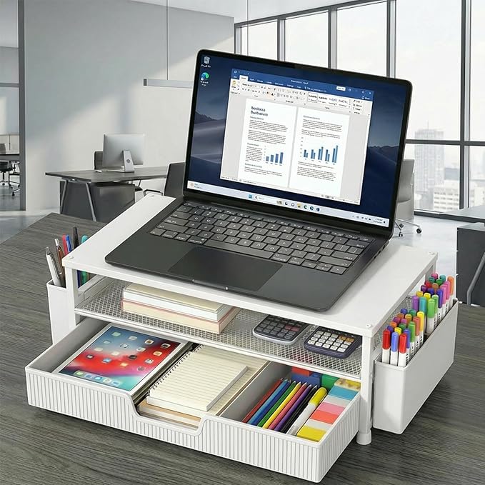 Desk Organizer and Accessories, 2-Tier Computer Monitor Stand Rise with Storage Drawer & 2 Pen Holders, Laptop & Printer Stand for Desktop, Workspace Organizers for Office Supplies (White)