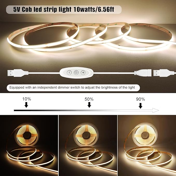 COB LED Strip Lights Natural White 4000K CRI92+ Flexible&Cuttable DC 5V 6 ft Led Light Strip Short with Dimmer Switch for Desk Cabinet Home Office DIY Lighting Decoration