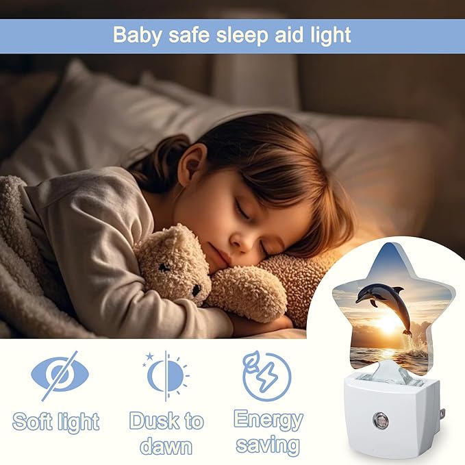 Night Light,Ocean Dolphin Plug into Wall with Dusk to Dawn Light Sensors,Tropical Beach Sunset Warm Star Nightlights for Bedroom,Bathroom,Hallway,Kitchen Home Decor Desk Lamp